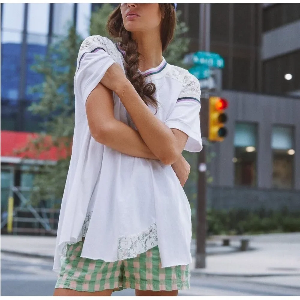 New Free People Get Free Seersucker Green and Pink Checkered pull on Shorts